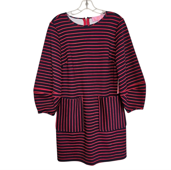 LDT Striped Ballon Sleeve Strechy Shift Dress - Picture 1 of 7